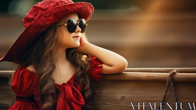 Young Girl in Red Hat and Sunglasses in Forest Setting AI Image