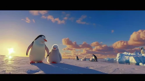 Antarctica Penguins Sunset Landscape