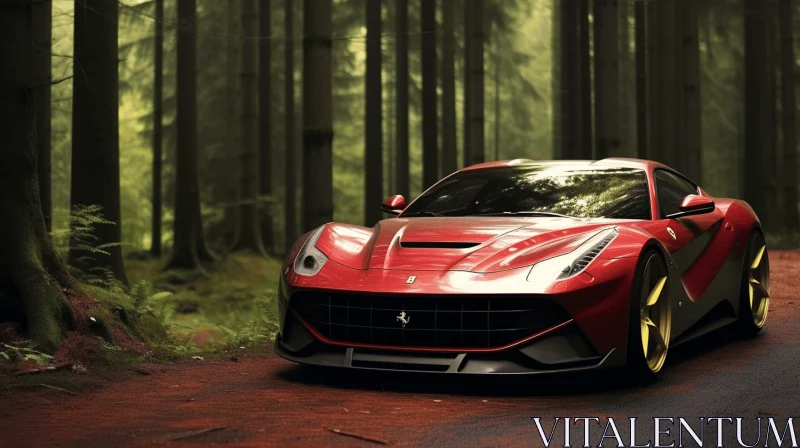 Captivating Red Sports Car in Enchanting Forest | UHD Image AI Image