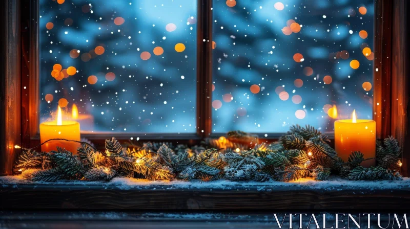 Christmas Window Decoration with Snowy Forest View AI Image