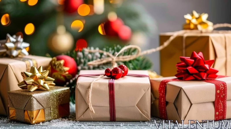 Festive Christmas Scene with Wrapped Gifts and Tree AI Image