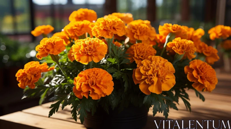 Orange Marigold Flower Pot on Wooden Table AI Image