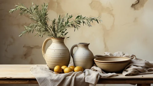 Rustic Still Life with Ceramic Vase and Lemons