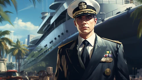 Serious Naval Man with Ship and Palm Trees