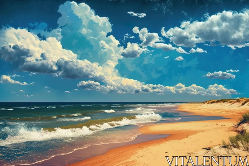 Captivating Beach Painting with Blue Clouds | Lively Nature Scenes AI Image
