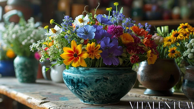 Colorful Flowers in Blue and Green Vase on Wooden Table AI Image