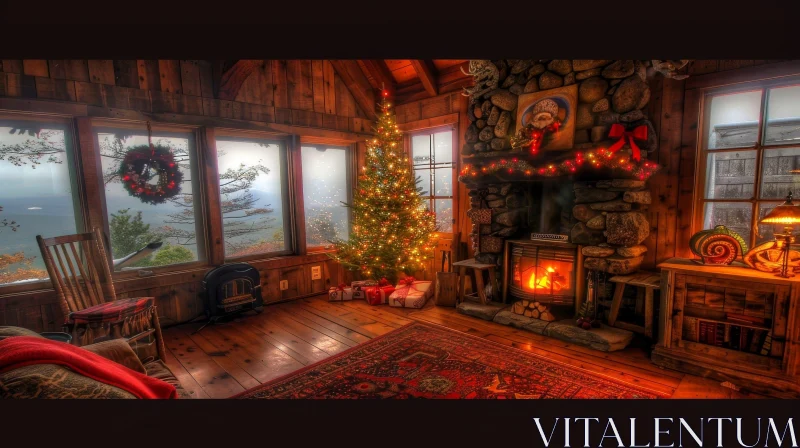 Cozy Christmas Living Room with Fireplace and Snow-Capped Mountain View AI Image
