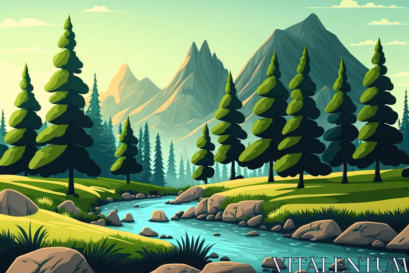 Detailed Mountain Landscape with River and Trees | Vibrant Cartoonish Style AI Image