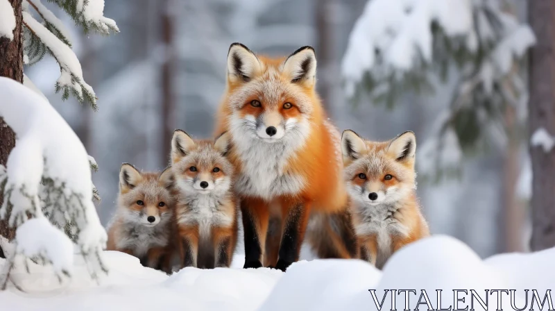 AI ART Red Fox Family in Snow - Wildlife Scene