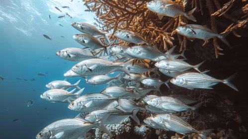 Silver Fish Swimming Near Colorful Coral Reef