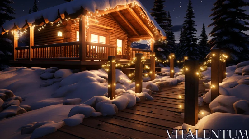 Winter Landscape with Snow-Covered Log Cabin AI Image