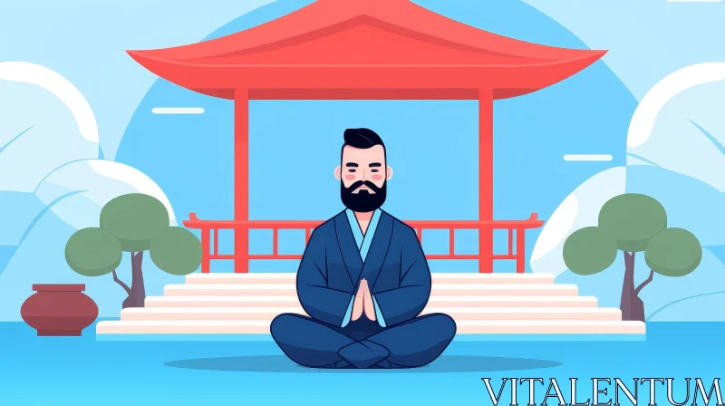 AI ART Zen Garden Meditation Cartoon - Peaceful Man Illustration