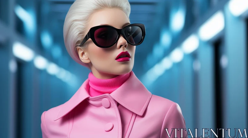 Stylish Woman in Pink Coat and Sunglasses AI Image