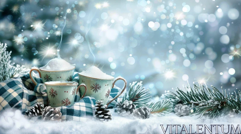 Winter Tea and Coffee Cups on Snowy Surface AI Image