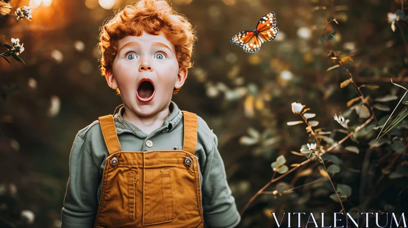 Young Boy and Butterfly in Enchanted Forest AI Image