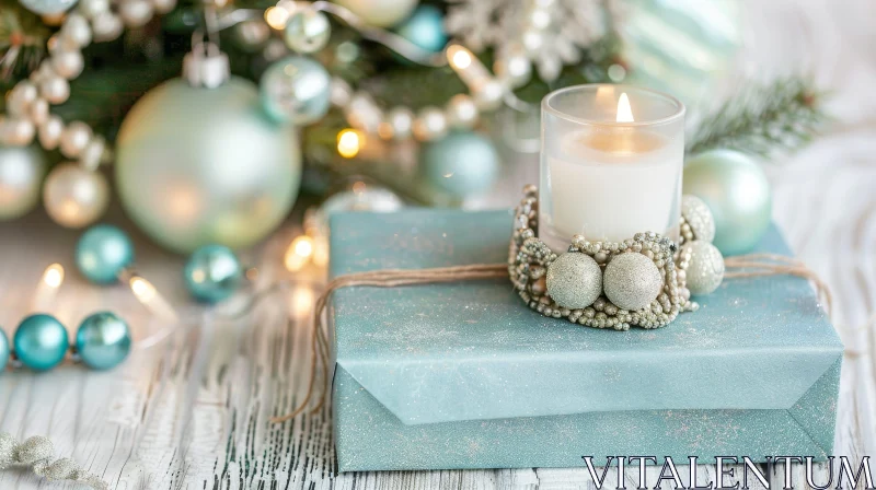Festive Christmas Present with Candle and Ornaments AI Image
