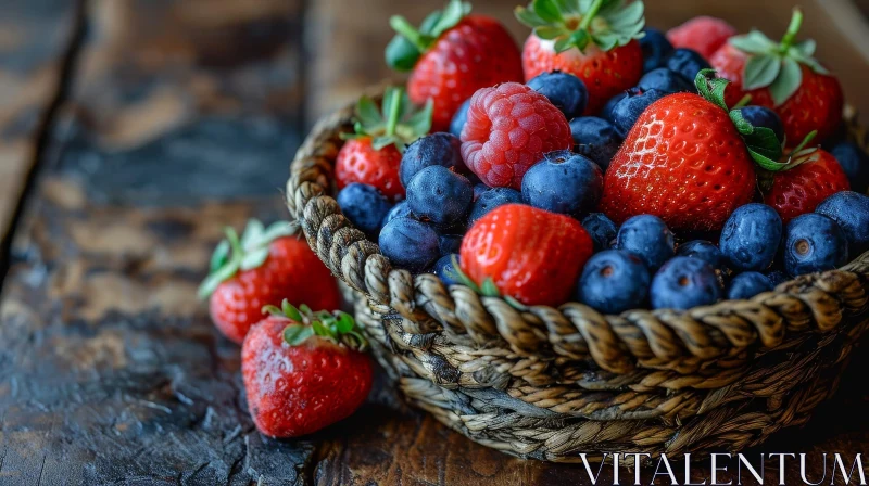 Fresh Berries in Wicker Basket on Wooden Table AI Image