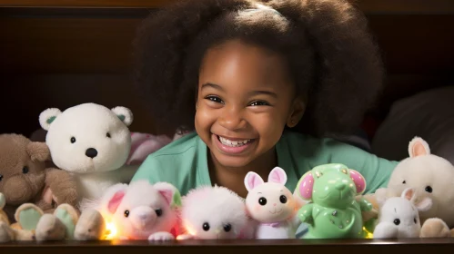 Joyful African-American Girl with Stuffed Animals