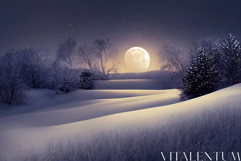 Serene Snowy Landscape with Moon | Delicately Rendered Artwork AI Image