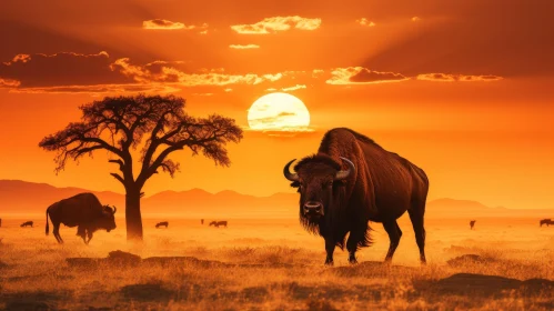 Tranquil Bison Sunset in Nature