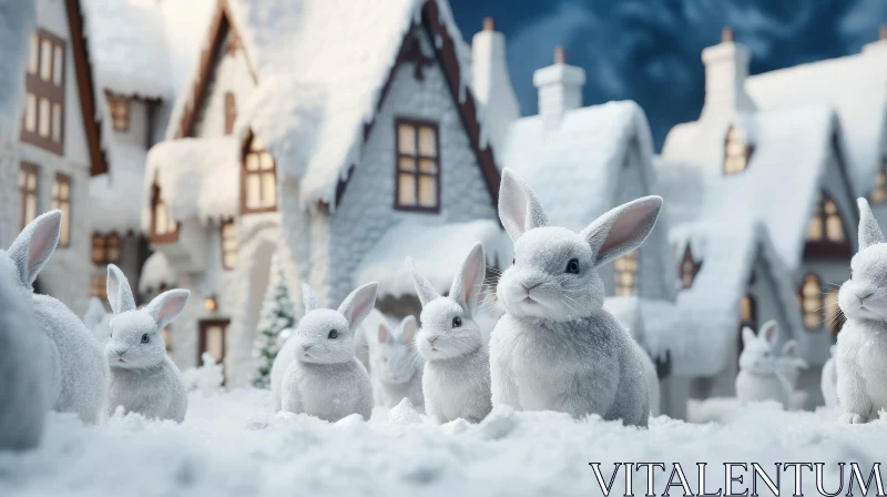 White Rabbits in Snowy Village: Enchanting Winter Scene AI Image