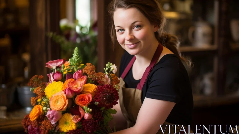 AI ART Young Woman in Flower Shop with Colorful Bouquet
