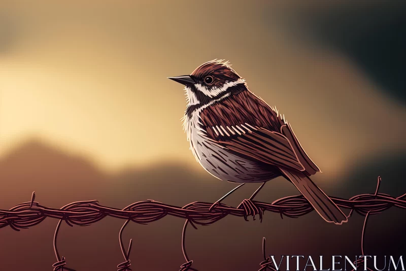 Captivating Bird on Barbed Wire Fence: A Tranquil Cabincore Painting AI Image