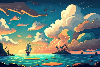 Captivating Sailing Ships in a Cloudy Sea - Vibrant 2D Game Art
