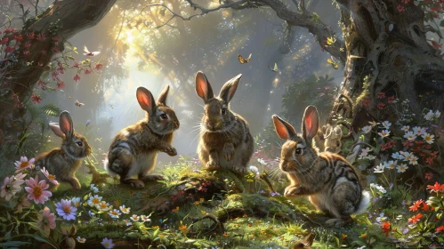 Enchanting Rabbit Gathering in Forest Painting