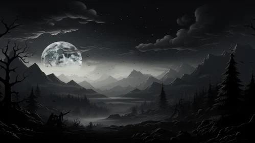 Moonlit Night Landscape of Mystery and Suspense
