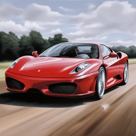 Red Racing Car Driving in the Countryside - Hyperrealistic Artwork