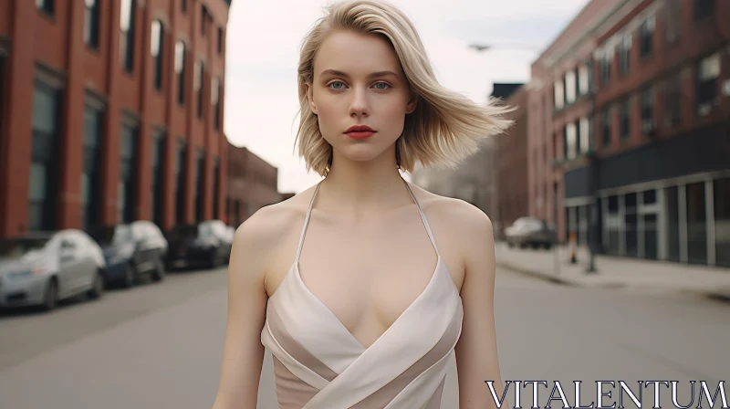AI ART Serious Blonde Woman in Beige Dress on City Street