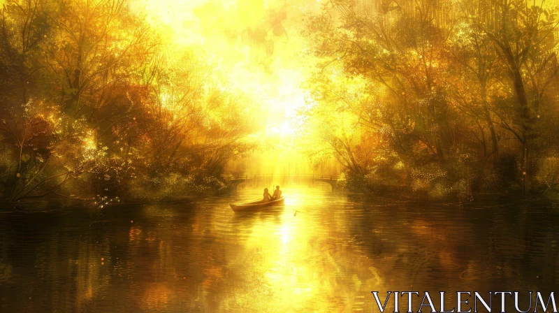 Tranquil Autumn Lake Scene with Rowing Couple AI Image