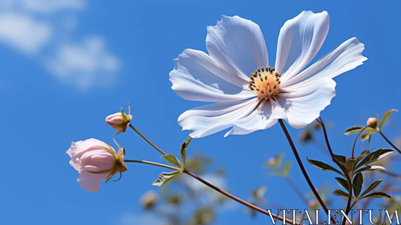 White Cosmos Flower Bloom in Blue Sky AI Image