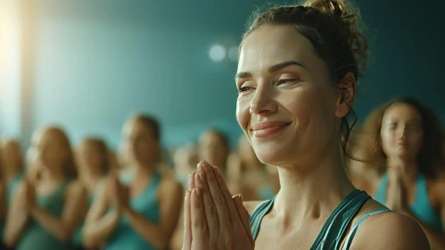 Young Woman in Prayer surrounded by Yoga Group