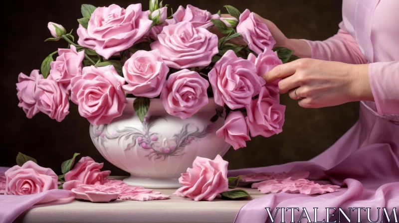 Elegant Pink Roses Bouquet Arrangement in White Vase AI Image