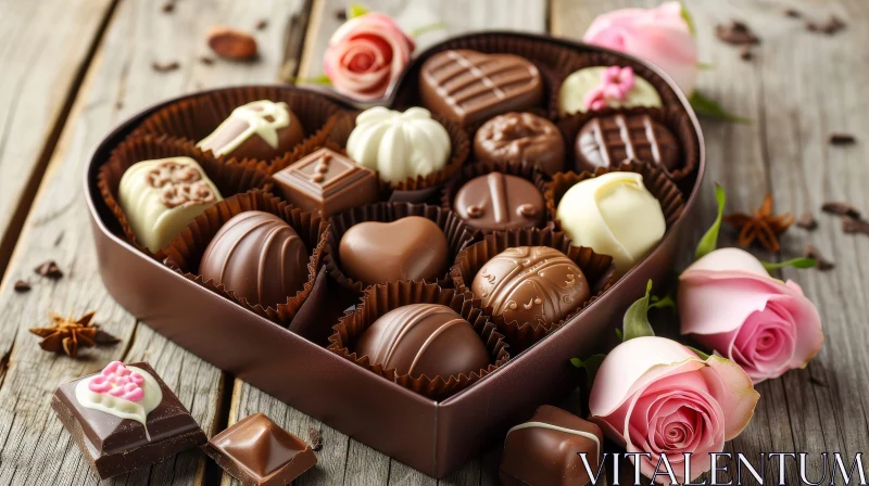 Heart-Shaped Box of Chocolates - Sweet Delights on Wooden Table AI Image