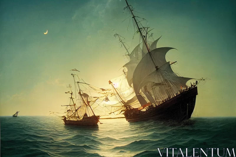 Majestic Ships Sailing at Sunset | Historical Renaissance Scene AI Image
