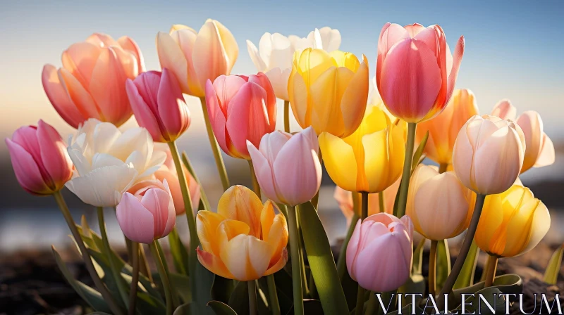 Beautiful Field of Tulips in Various Bloom Stages AI Image