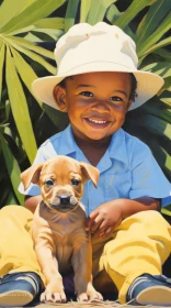 Joyful Encounter in Green Nature - Young Boy and Puppy