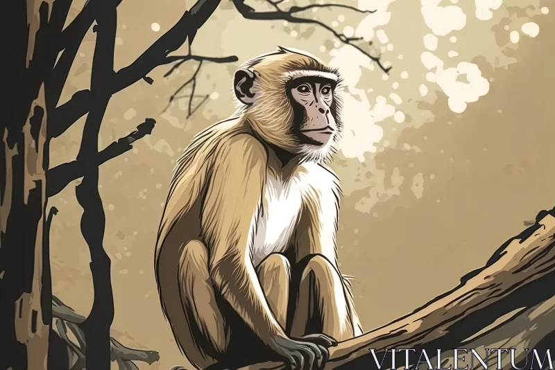 Monkey Sitting on Tree Branch - Digital Painting Inspired by Noir Comic Art AI Image