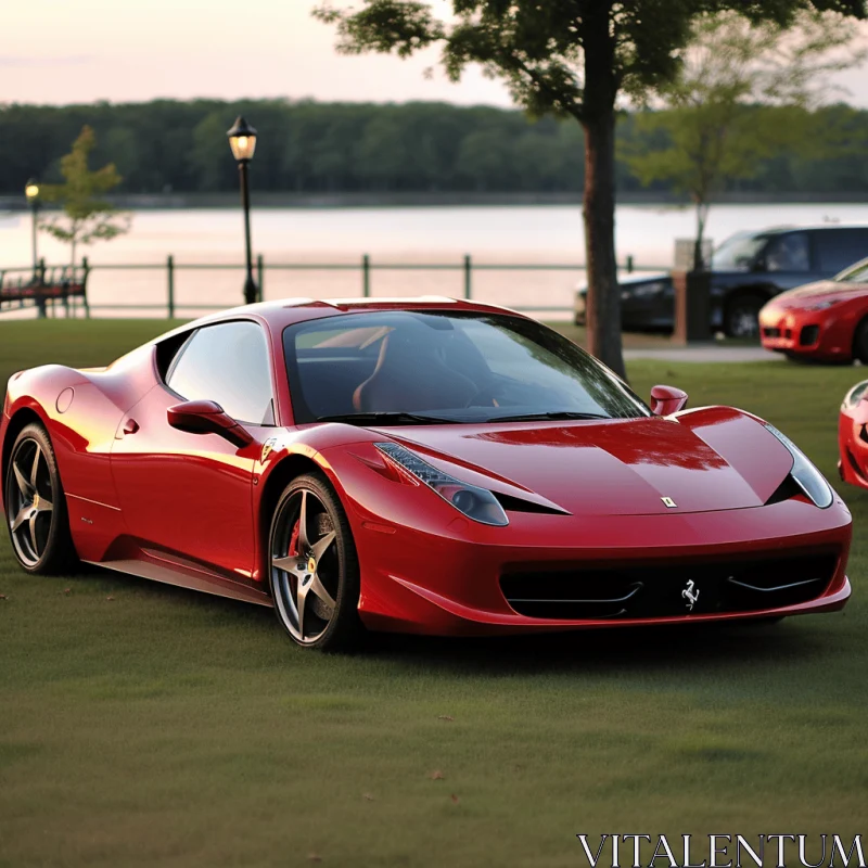 Red Ferrari Sports Car Parked Amidst Green Grass - Majestic Elegance AI Image