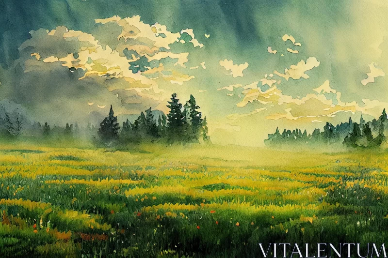 Captivating Watercolor Painting of a Serene Field | Nature Art AI Image