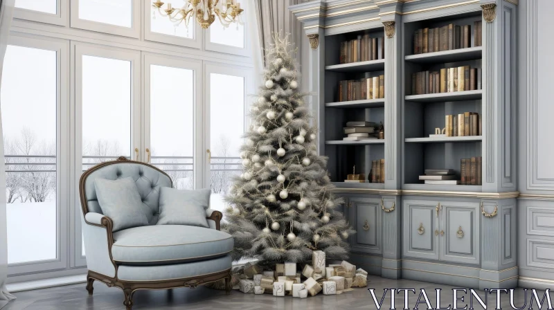 Festive Living Room with Christmas Tree AI Image