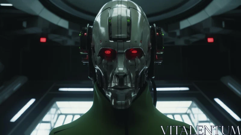 Futuristic Humanoid Robot in Dark Room AI Image
