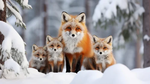 Red Fox Family in Snow - Wildlife Scene