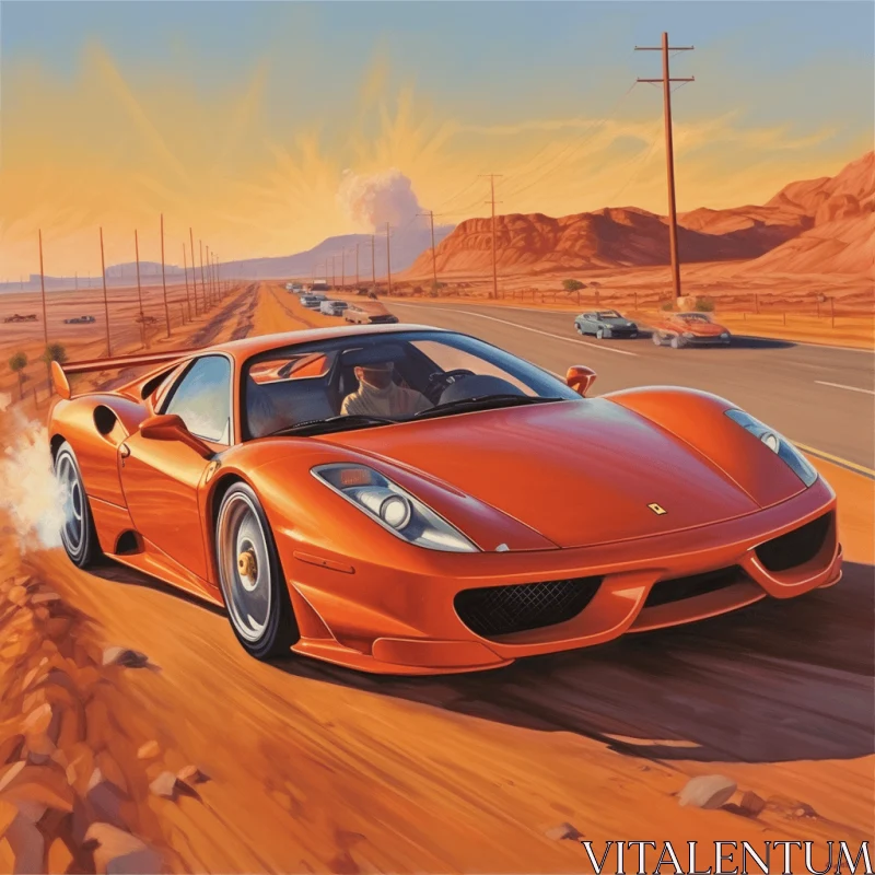 Red Sports Car in Desert - Hyper-Realistic Animal Illustrations AI Image