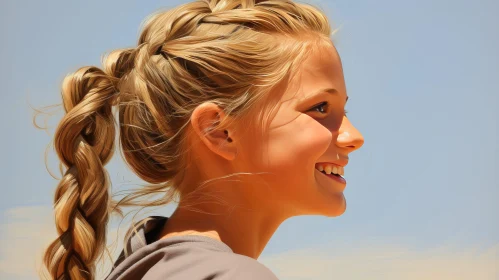 Smiling Girl with Blonde Hair in Gray T-shirt