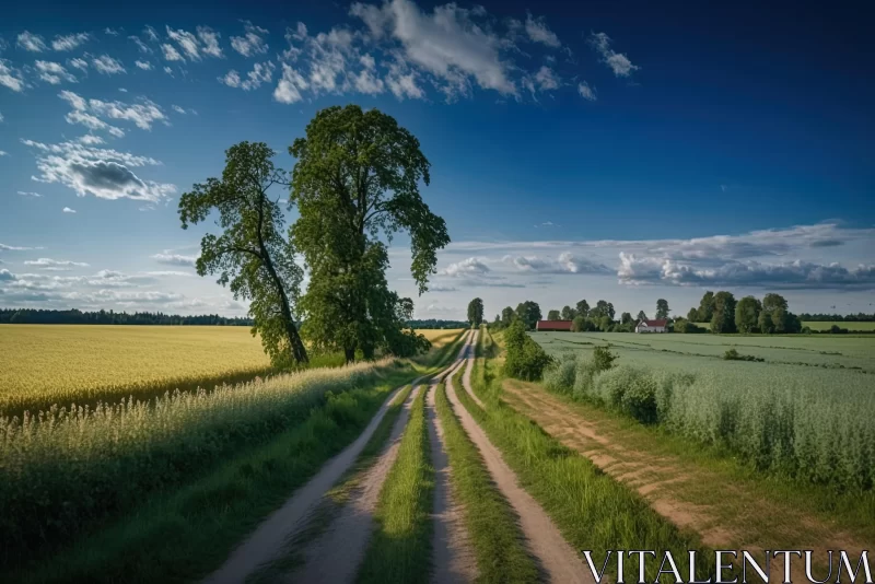 Idyllic Field Scene: Tranquil Dirt Road and Majestic Green Tree AI Image