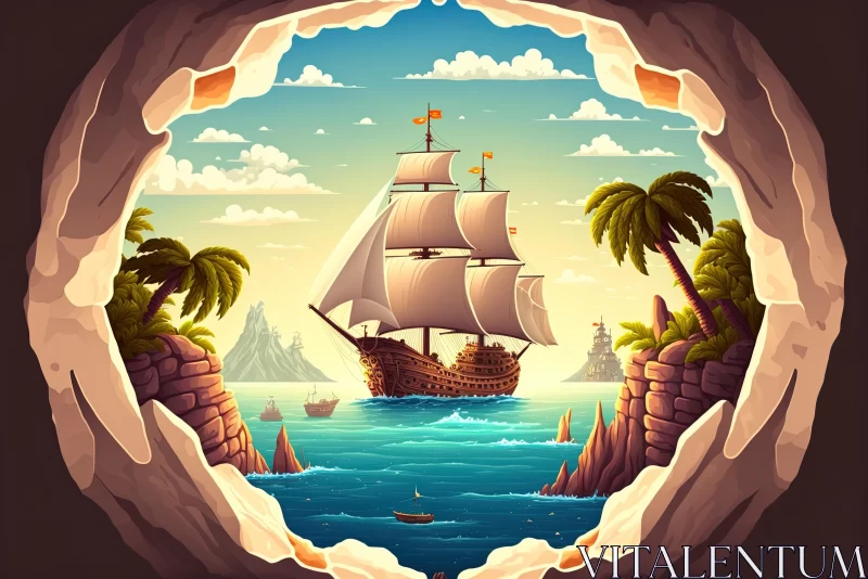 Pirate Ship near Cave Island: An Optical Illusion Art Drawing AI Image